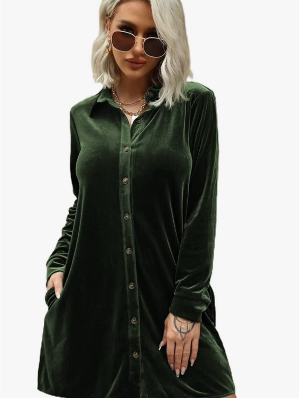 Dark Green Velvet Button-Front Shirt Dress